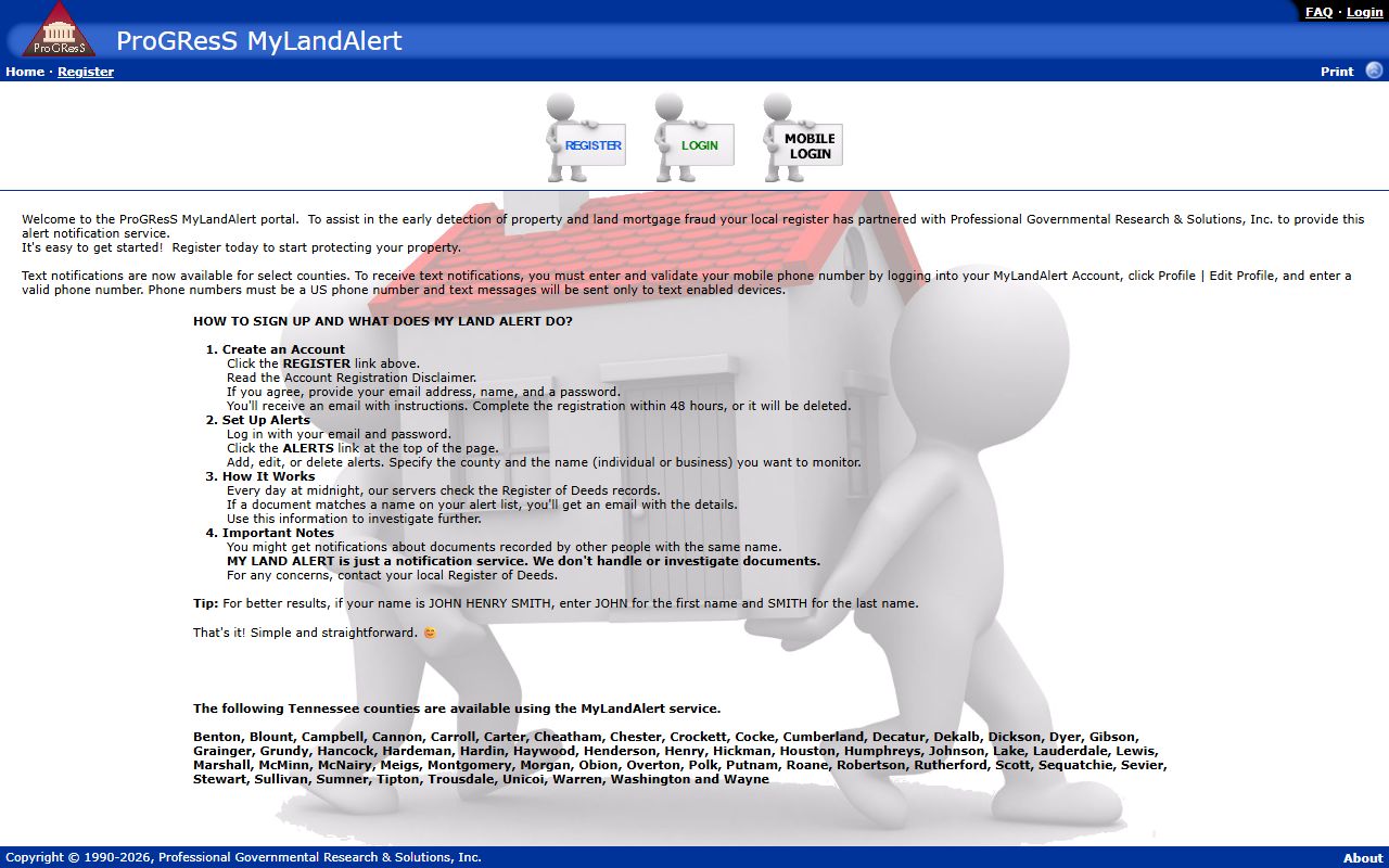 Grainger County MyLandAlert interface for deed records alerts